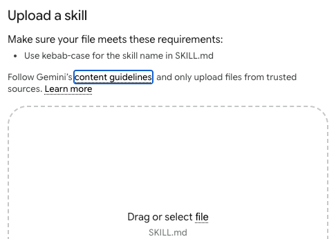 The Upload a skill window: drag or select a SKILL.md file.